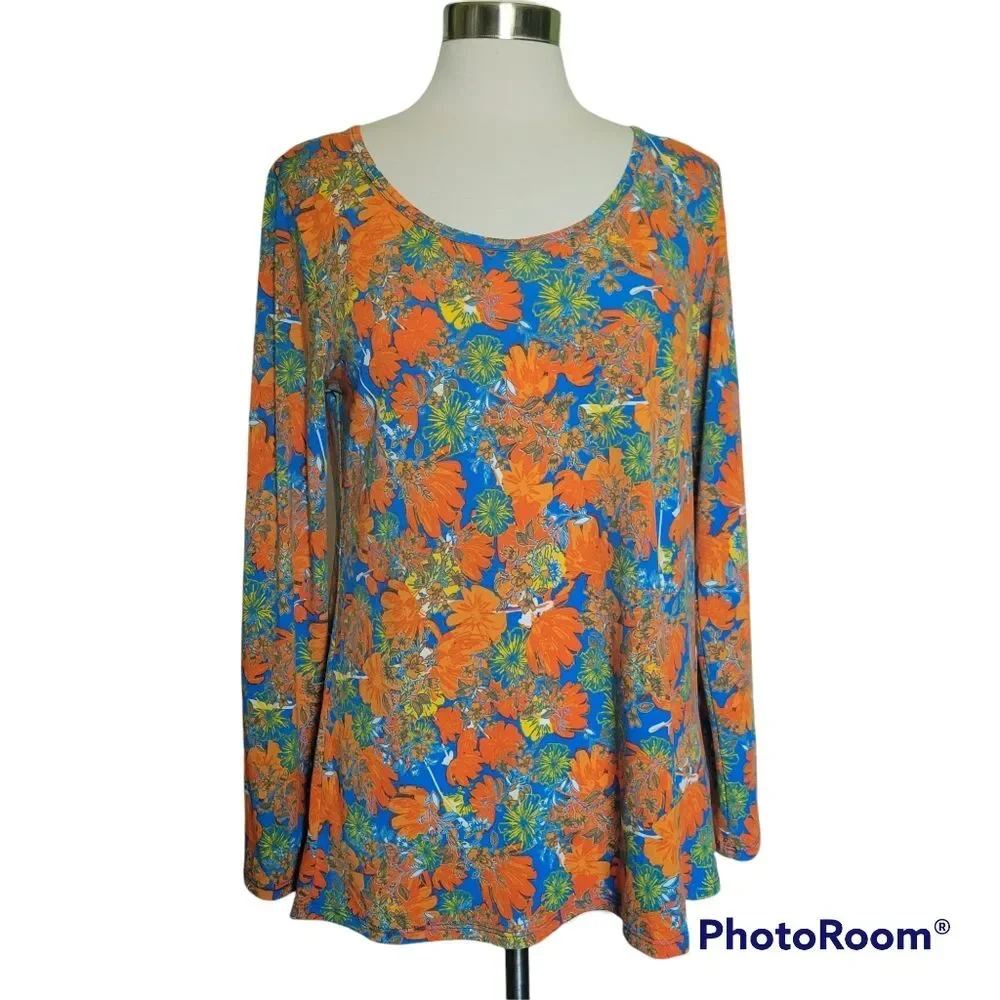 LULAROE VIBRANT LONG SLEEVE ORANGE FLORAL TOP - L